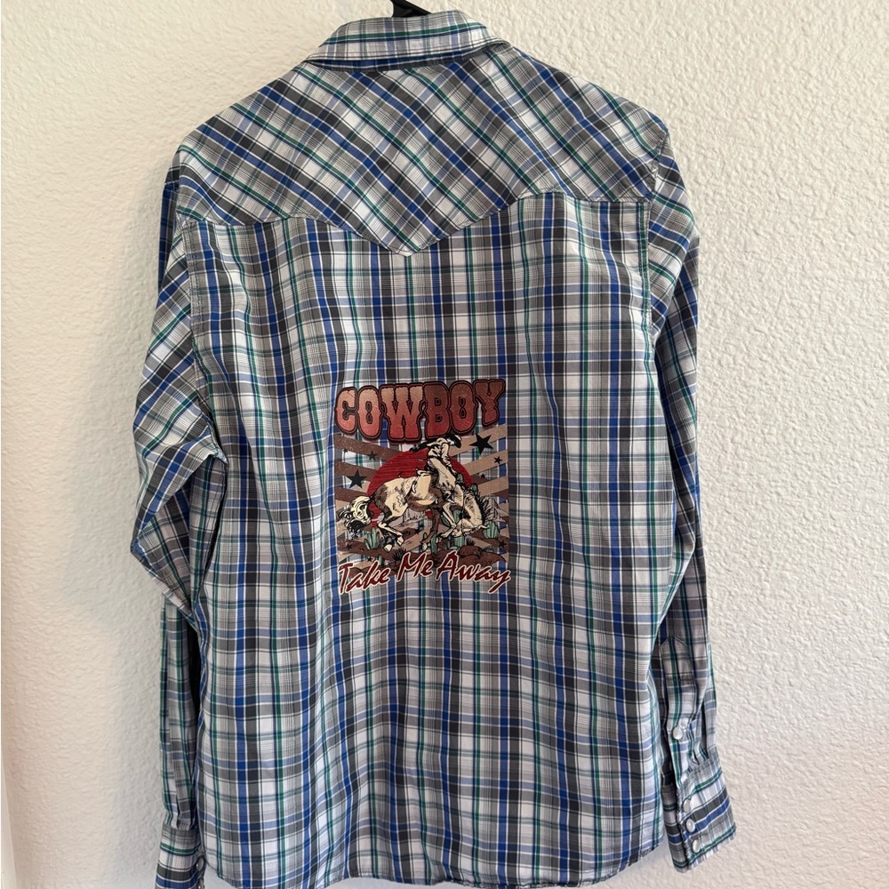 UPCYCLED Women's Plaid Button Down Shirt with Cowboy Graphic